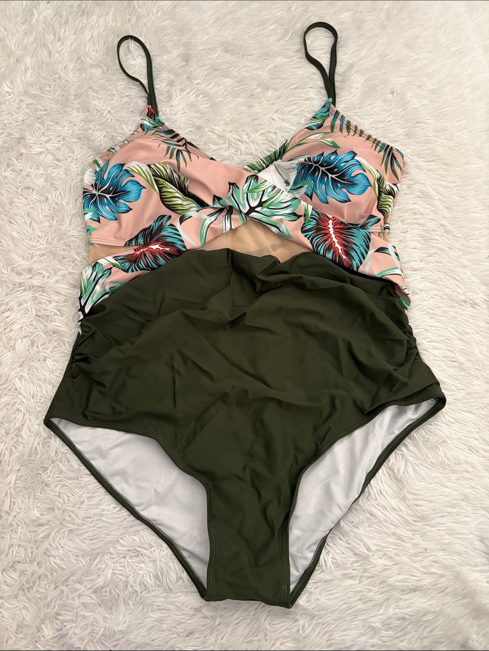 NEW Century Star Sexy Tropical Print Mesh Cross Over Front Swimsuit Size XXL